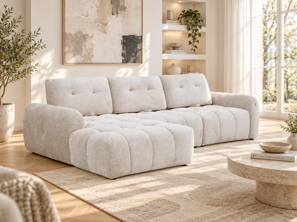 Canapé avec meridienne large avec dossier convertible tissu anti tâche, 265x209xH89CM - HAZEL