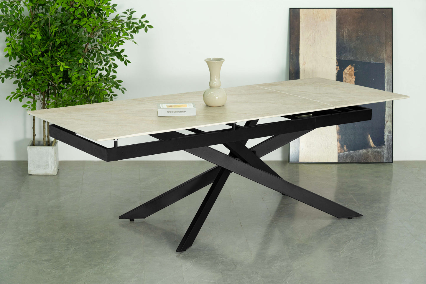 Table à manger extensible avec plateau en céramique, 159,5-219,5x89,5xH76,5CM - MIKA