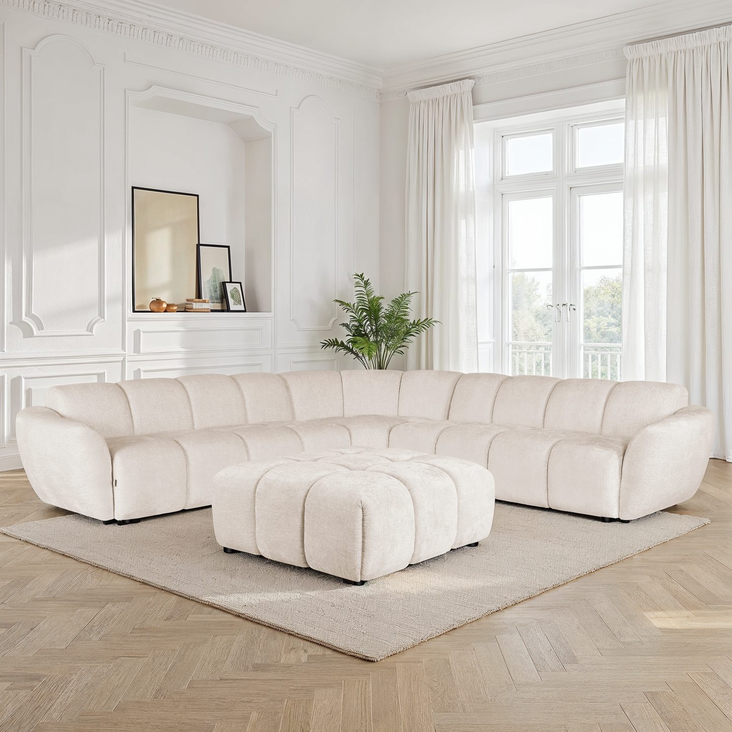 Canapé d'angle 7 places / pouf en tissu anti tache - LILO