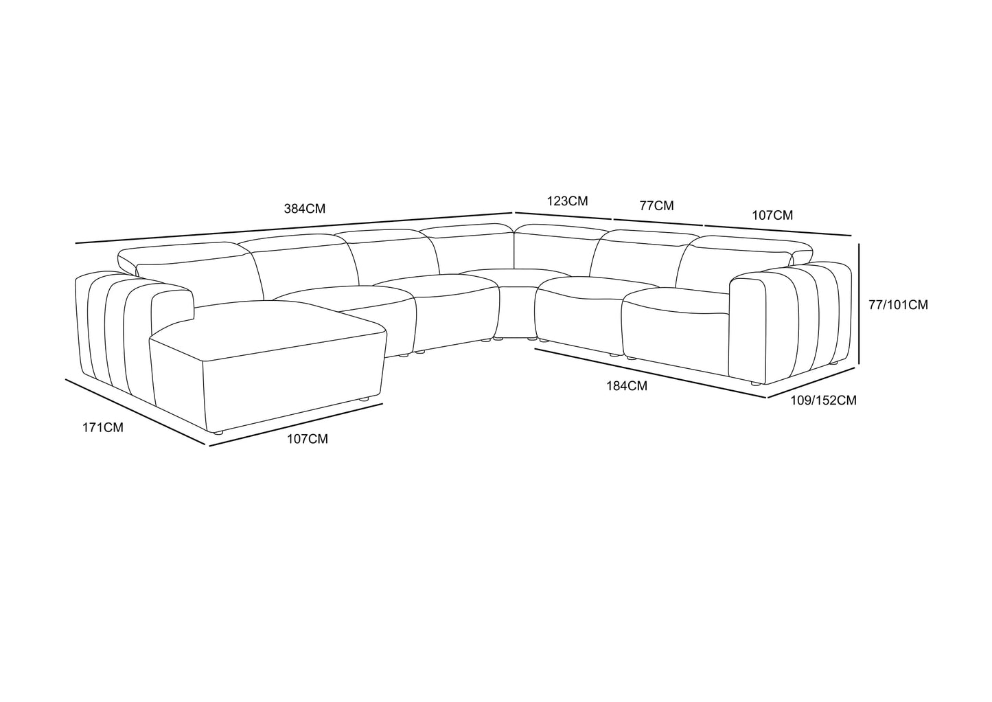 Canapé d'angle panoramique en tissu anti tache, 384x307xH77/101CM - DENISE