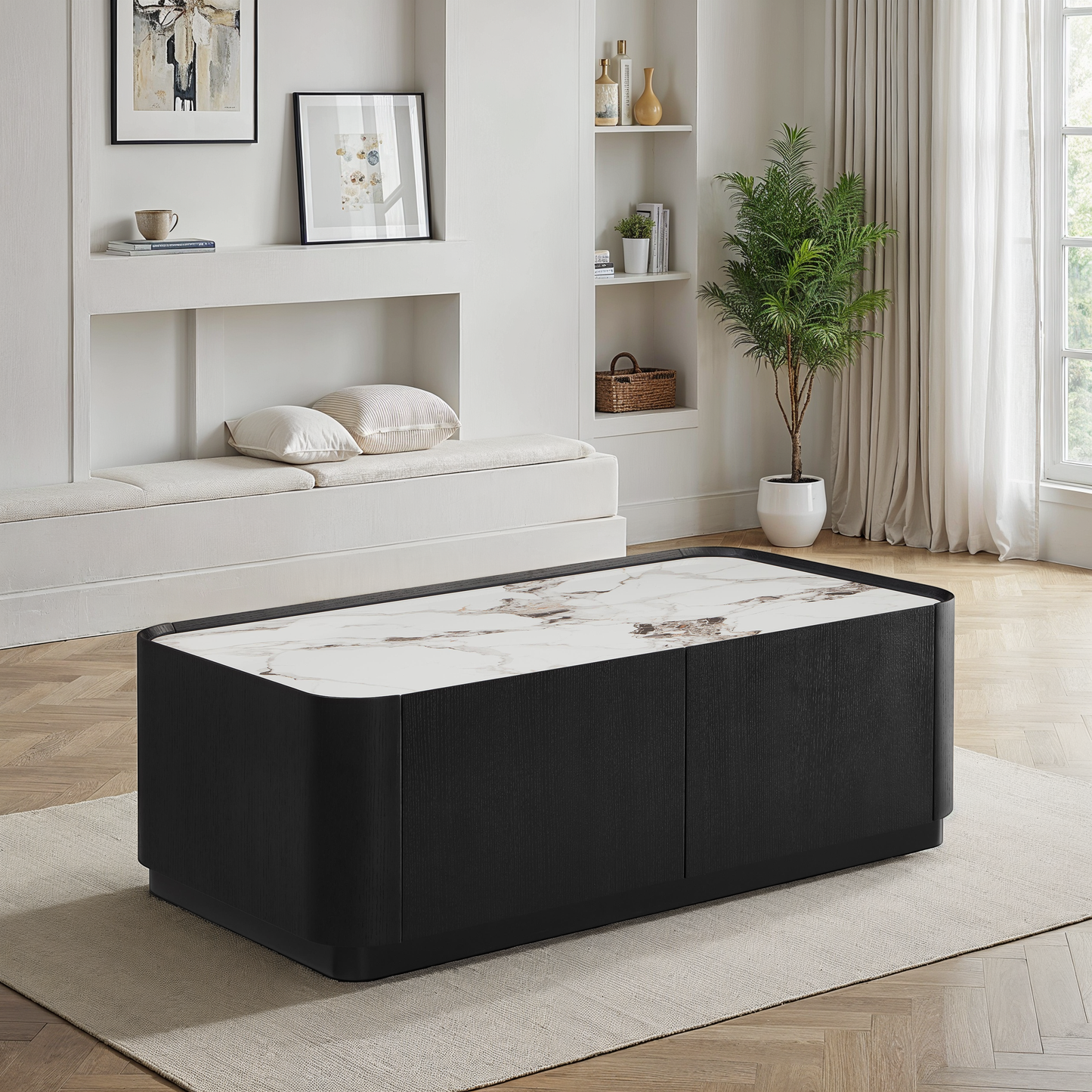 Table basse en particules de bois plateau céramique, 110x60xH38,7CM - NERO