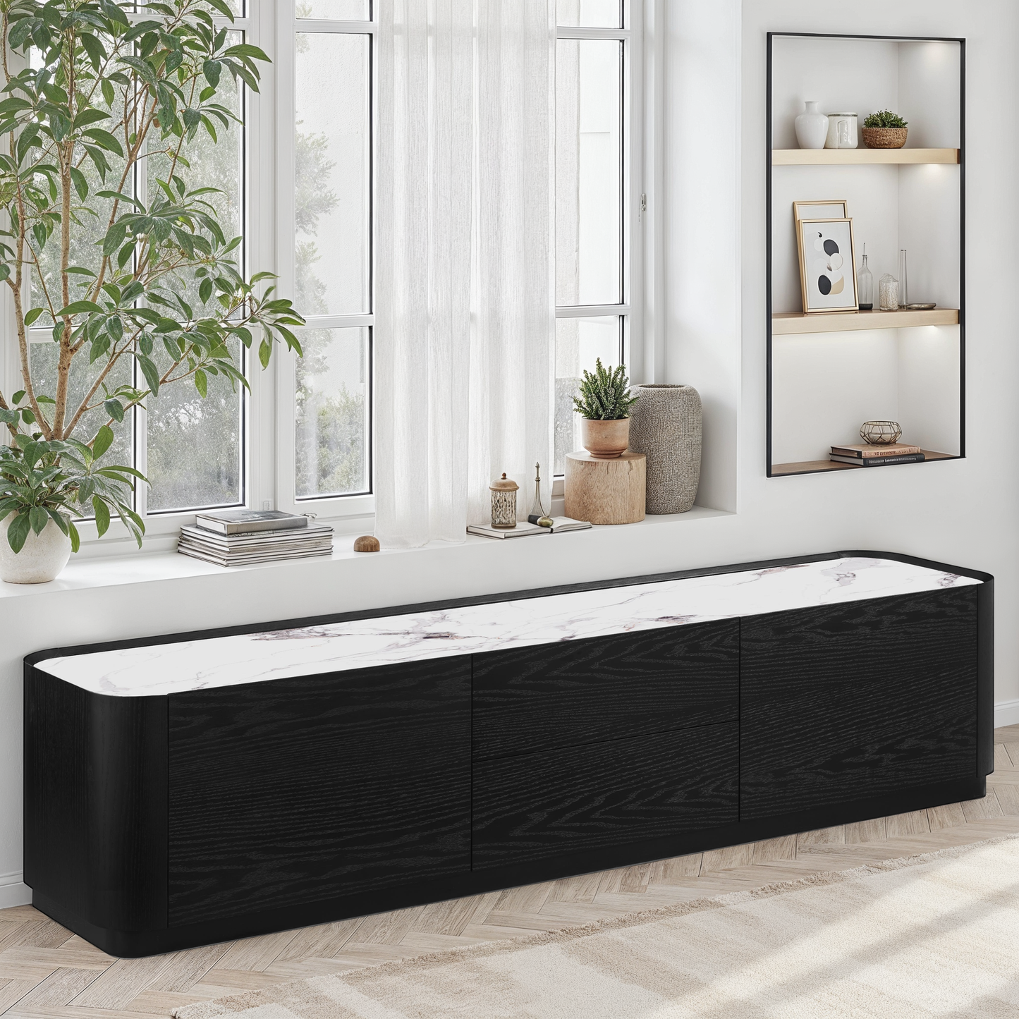 Meuble TV en particules de bois plateau céramique, H45,7CM - NERO