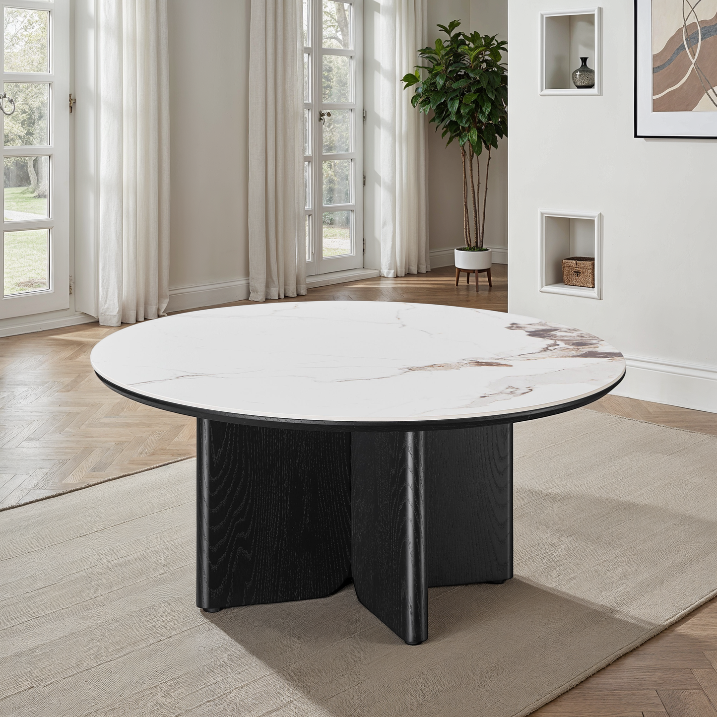Table basse en particules de bois plateau céramique rond, D80xH38CM - NERO