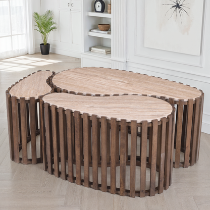 Set de 3 tables basses en bois avec plateau en céramique, 90x52xH40CM, 70x38xH40Cm et 50x26xH40CM - CALYRA