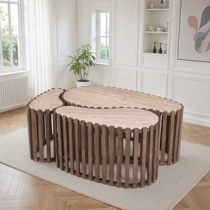 Set de 3 tables basses en bois avec plateau en céramique, 90x52xH40CM, 70x38xH40Cm et 50x26xH40CM - CALYRA