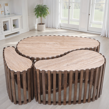 Set de 3 tables basses en bois avec plateau en céramique, 90x52xH40CM, 70x38xH40Cm et 50x26xH40CM - CALYRA