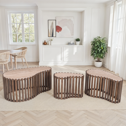 Set de 3 tables basses en bois avec plateau en céramique, 90x52xH40CM, 70x38xH40Cm et 50x26xH40CM - CALYRA
