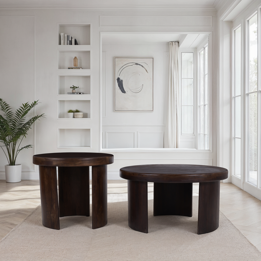 Set de 2 tables basses en bois de manguier, D80xH41CM et D60xH51CM - BELLAGIO