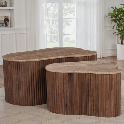 Set de 2 tables basses en bois avec plateau en céramique, 85x59xH40CM et 60x41xH35CM - VALMONT