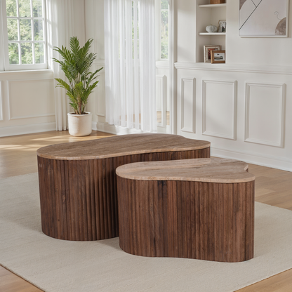 Set de 2 tables basses en bois avec plateau en céramique, 85x59xH40CM et 60x41xH35CM - VALMONT