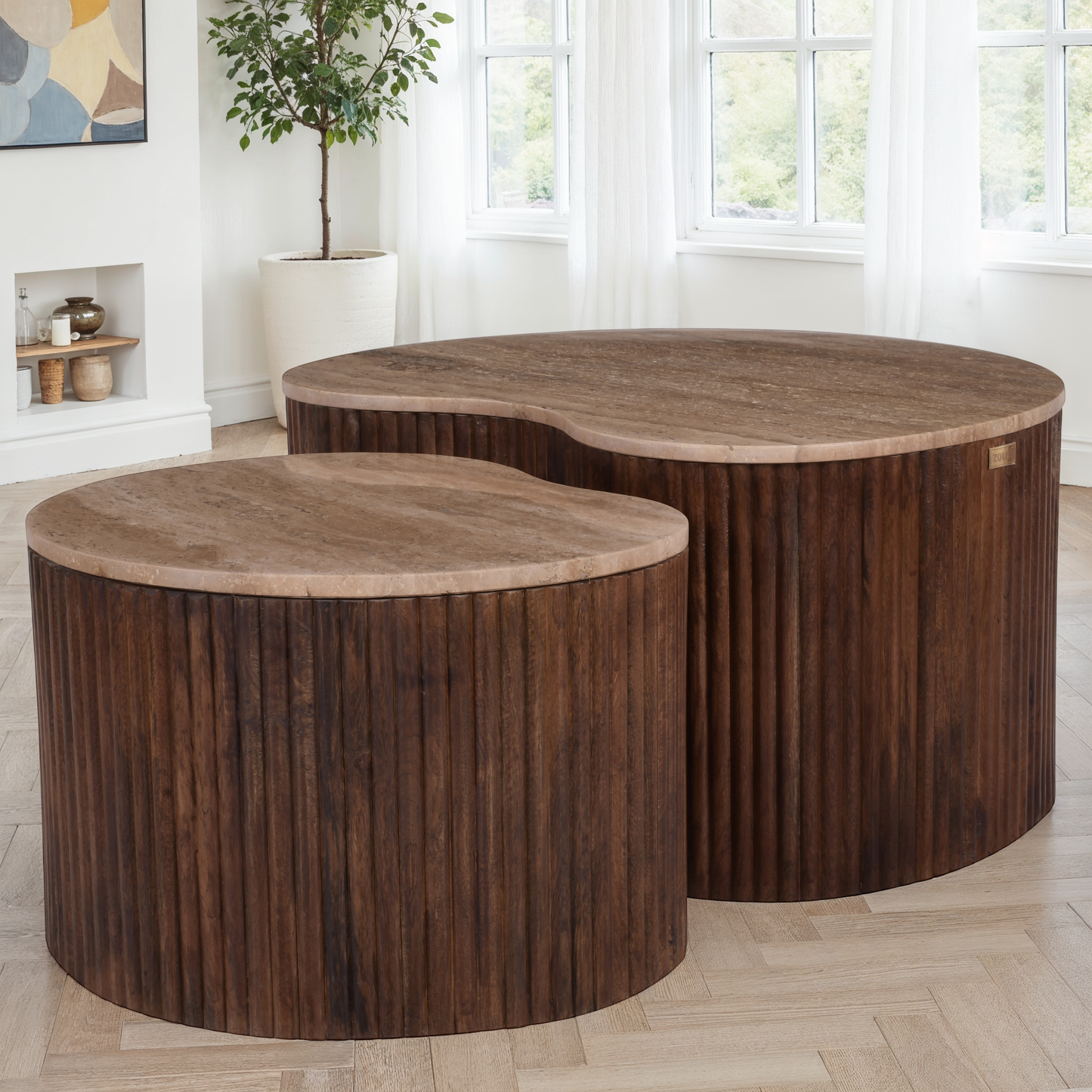 Set de 2 tables basses en bois avec plateau en céramique, 80x58,5xH40CM et 58x47xH35CM - VALMONT