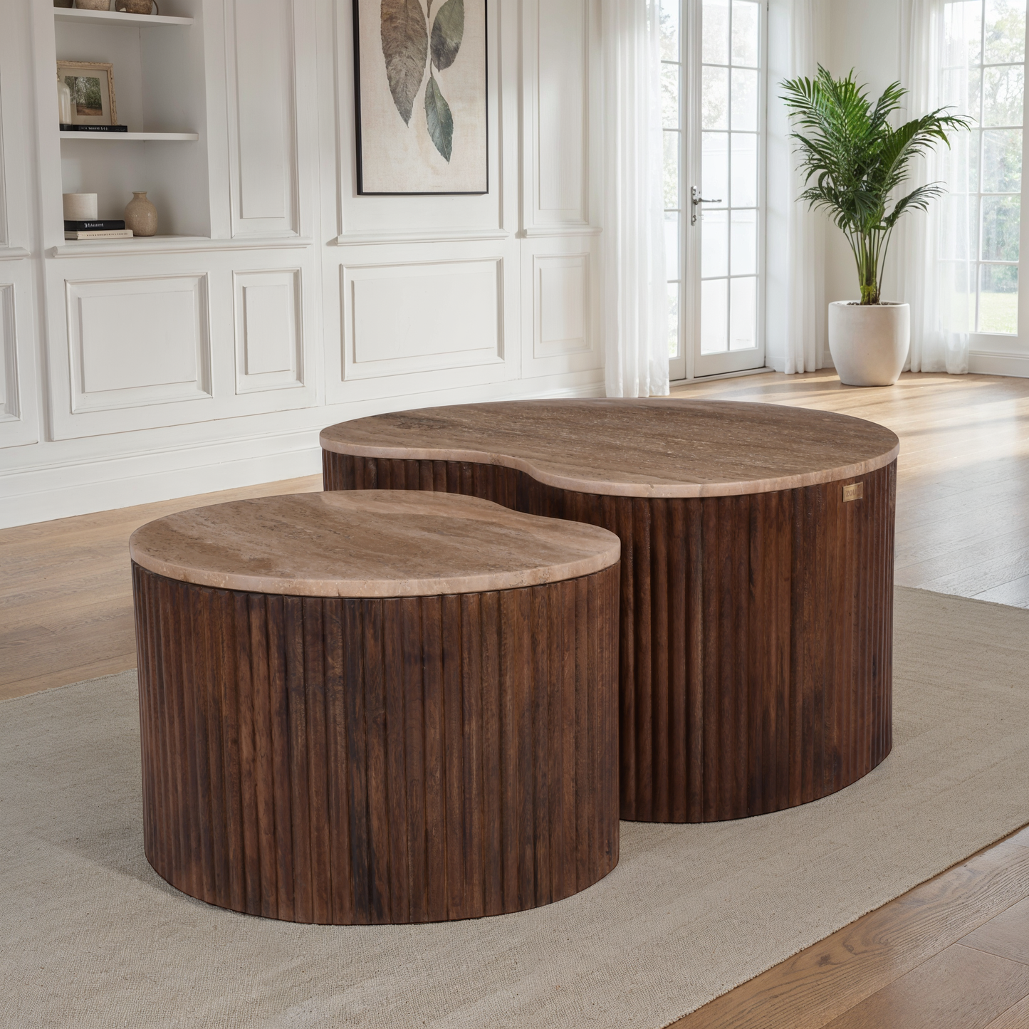 Set de 2 tables basses en bois avec plateau en céramique, 80x58,5xH40CM et 58x47xH35CM - VALMONT