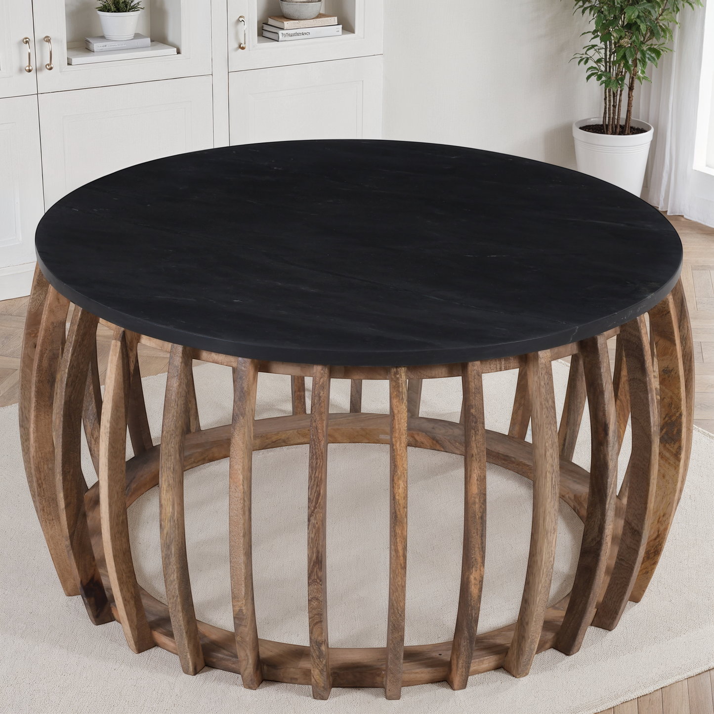 Table basse en bois plateau marbre, D80xH40,6CM - EVO