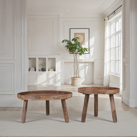 Set de 2 tables basses en bois de manguier, D80xH40CM et D60xH47CM - TOVA