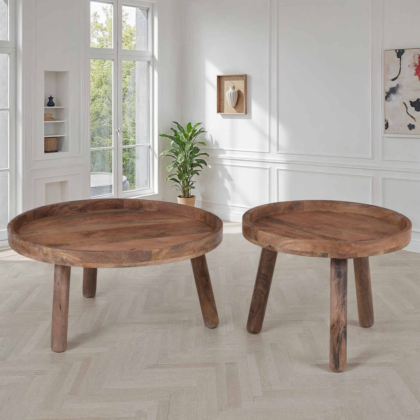 Set de 2 tables basses en bois de manguier, D80xH40CM et D60xH47CM - TOVA