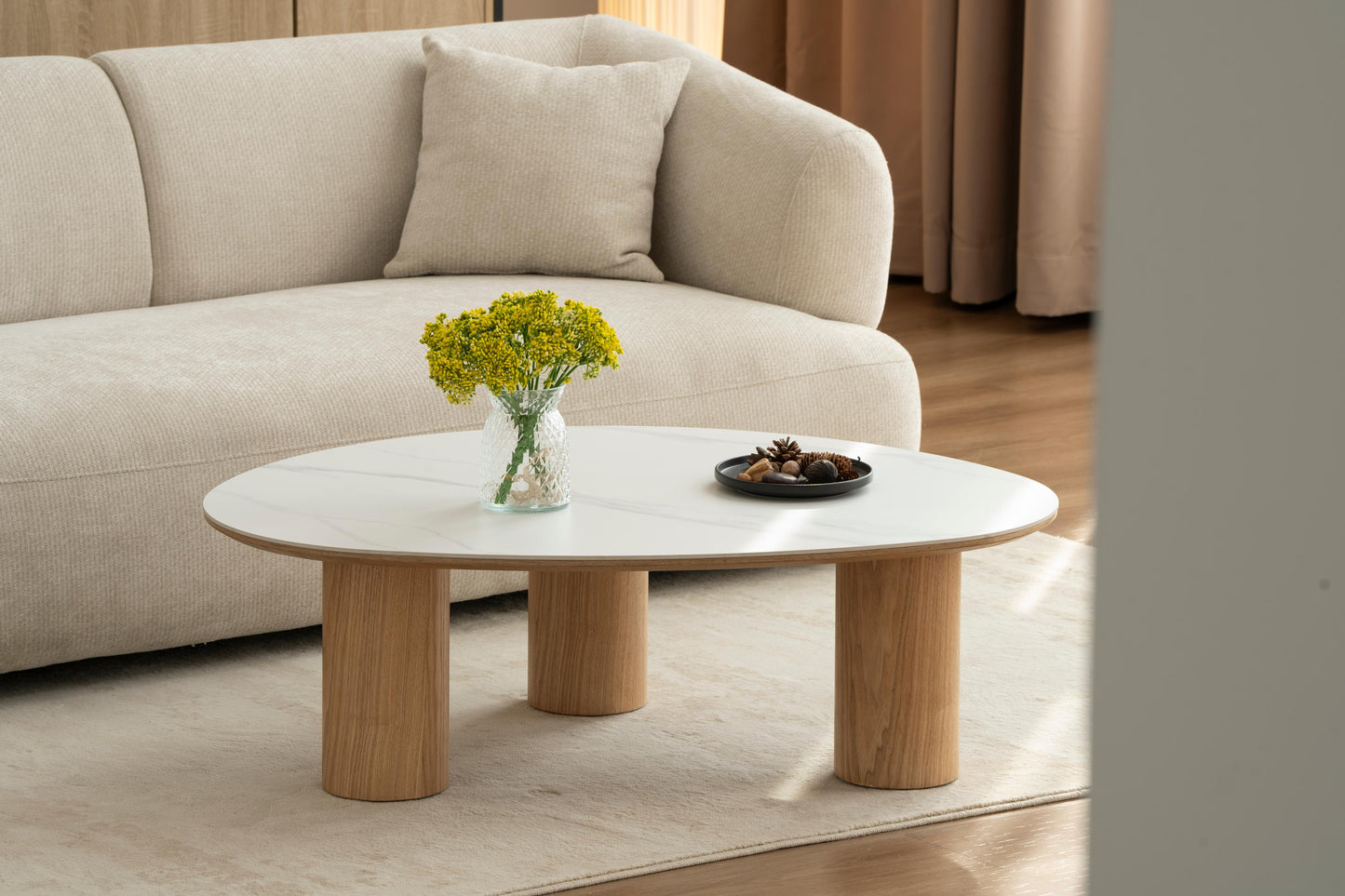 Table basse en bois avec plateau céramique, 110x80xH35CM - CARRARA