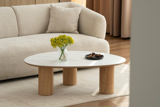 Table basse en bois avec plateau céramique, 110x80xH35CM - CARRARA