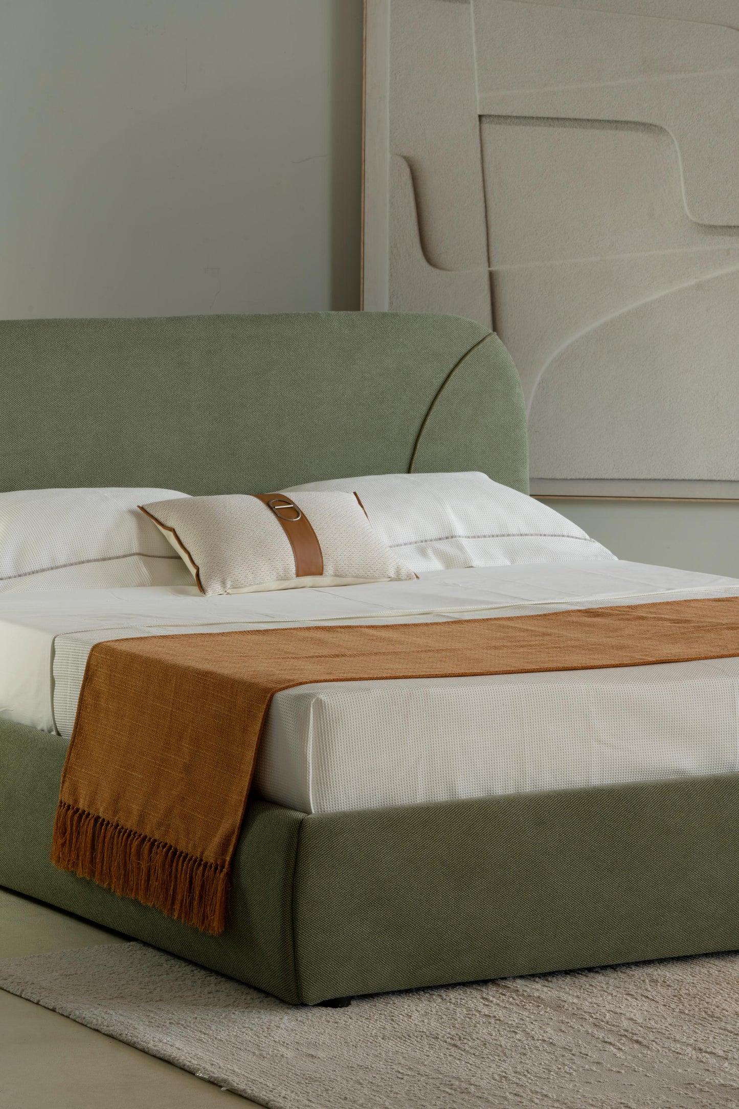 Lit en tissu vert avec sommier Softy