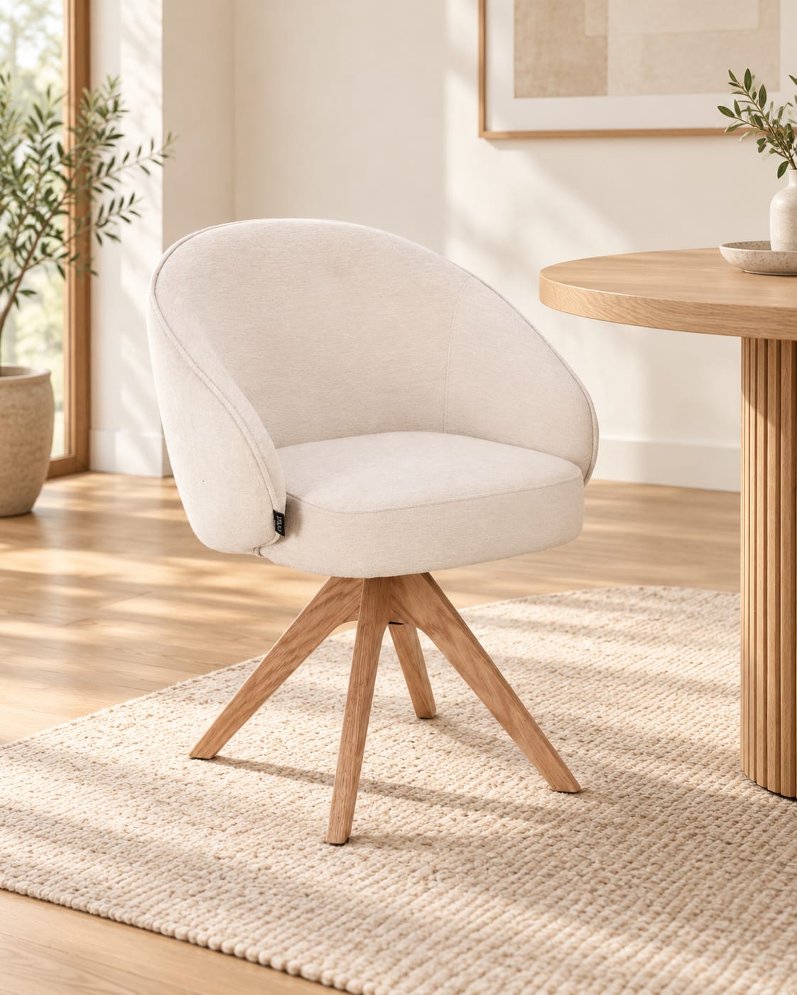 NORDIE Chaise pivotante en tissu anti tâche pieds bois massif, 60x62xH80CM