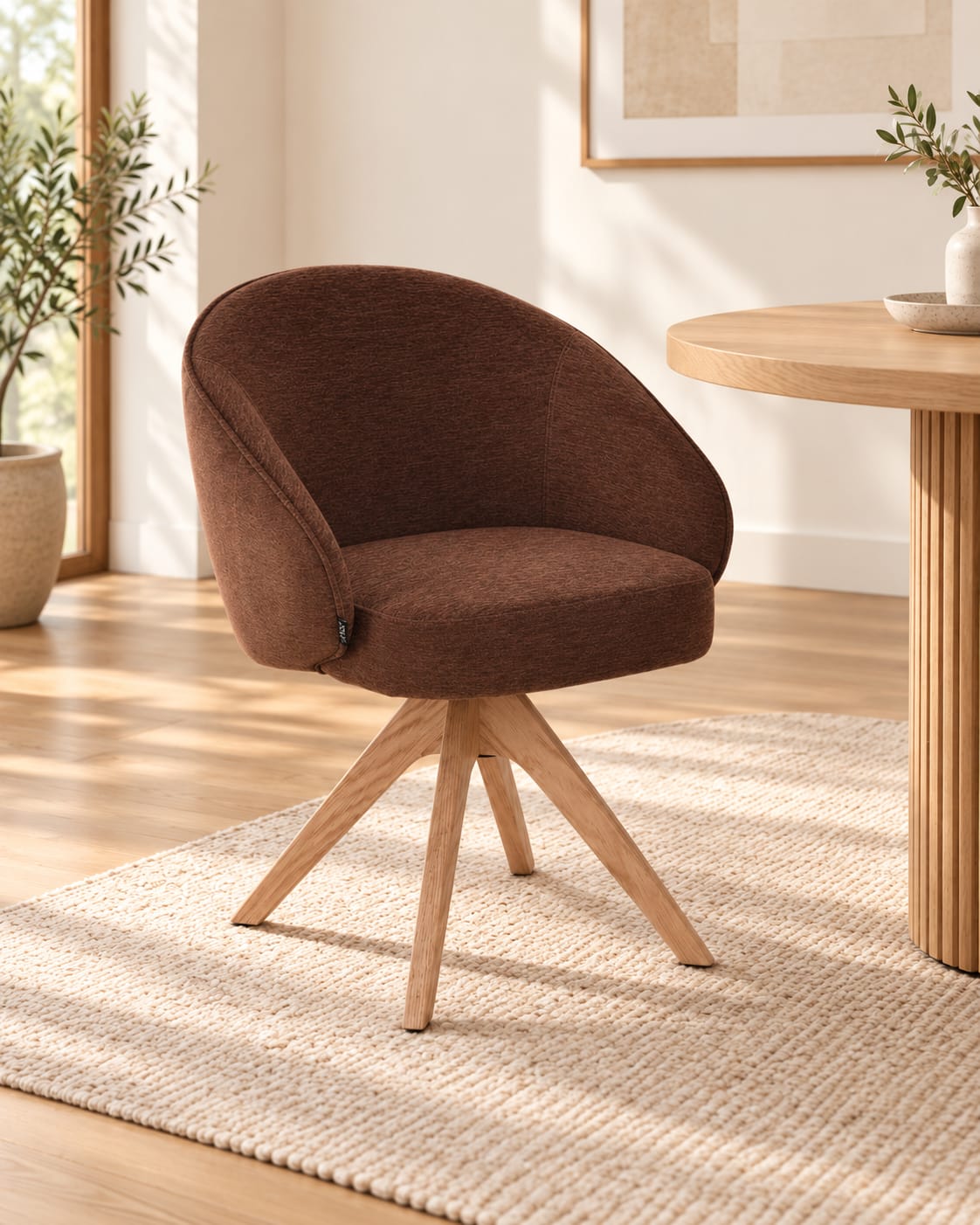 NORDIE Chaise pivotante en tissu anti tâche pieds bois massif, 60x62xH80CM