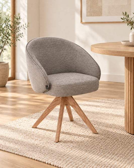 NORDIE Chaise pivotante en tissu anti tâche pieds bois massif, 60x62xH80CM