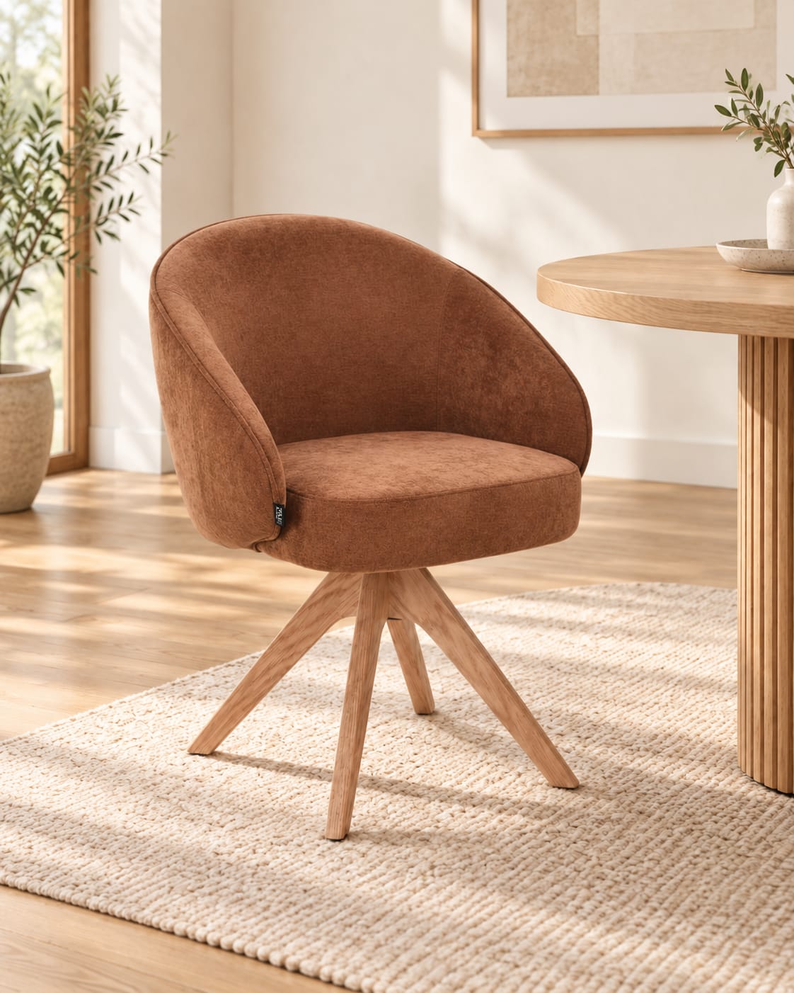 NORDIE Chaise pivotante en tissu anti tâche pieds bois massif, 60x62xH80CM