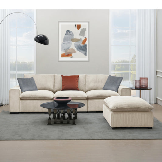 Canapé angle en velours côtelé réversible (Pouf inclus), 278x97xH95cm - MILA