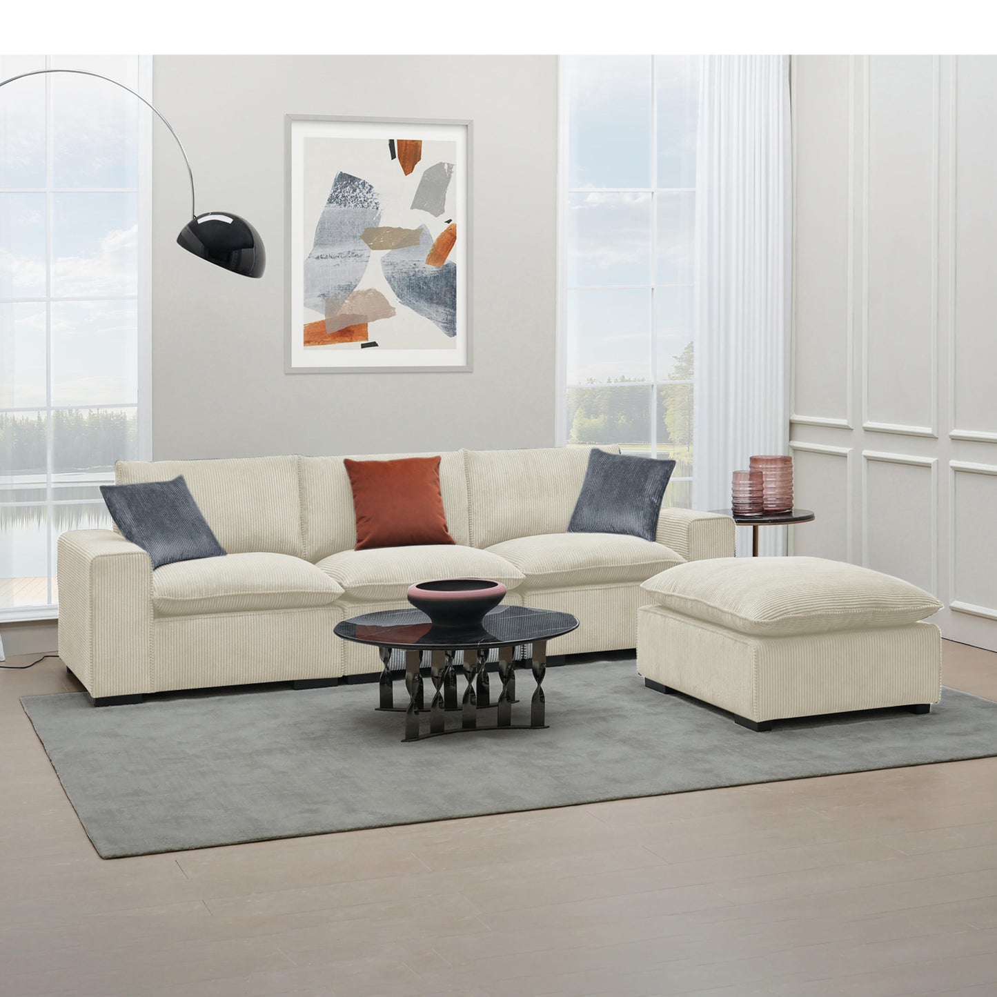 Canapé angle en velours côtelé réversible (Pouf inclus), 278x97xH95cm - MILA